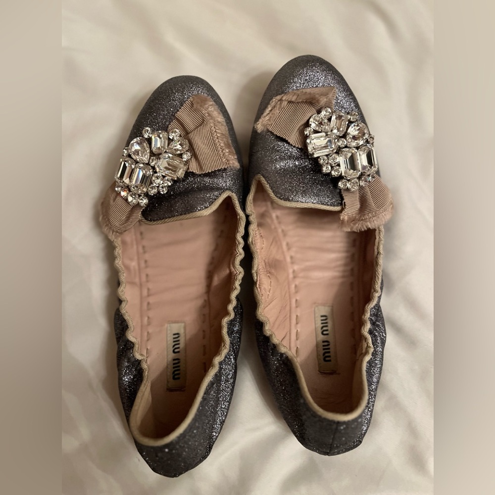 Miu Miu Silver Flats with Embellished Toe
